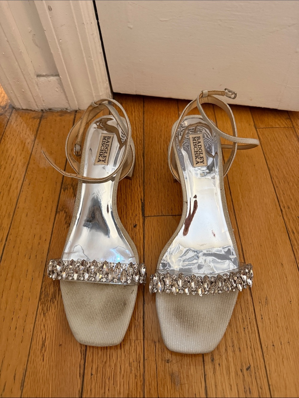 Badgley Mischka Ivory Crystal-Strap Evening Sandals